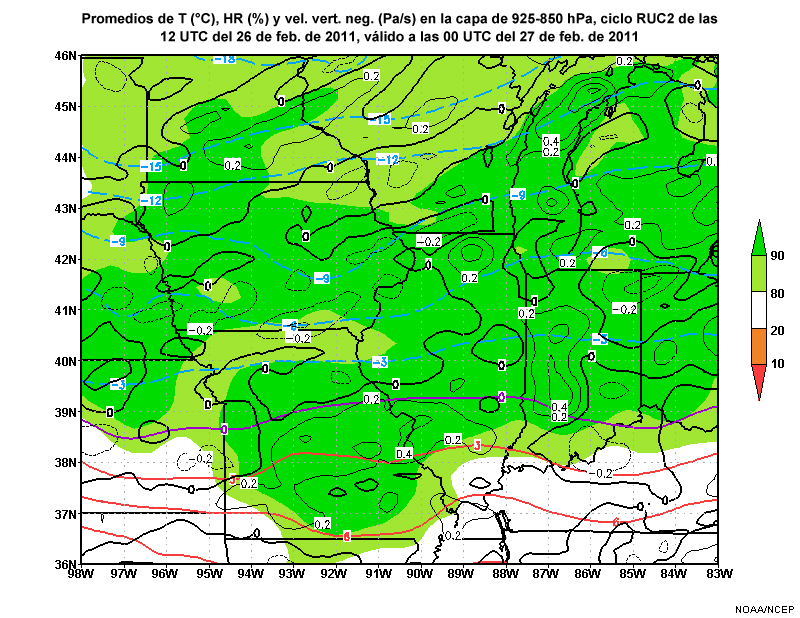 Promedio de temperatura, humedad relativa y velocidad vertical negativa en la capa de 925-850 hPa del modelo RUC2 a las 12 UTC del 26 de febrero de 2011, pronóstico válido a las 00 UTC 27 de febrero de 2011.