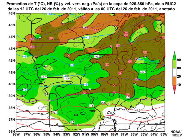 Explicación para la pregunta sobre la posición de las condiciones de engelamiento para el promedio de temperatura, humedad relativa y velocidad vertical negativa en la capa de 925-850 hPa del modelo RUC2 a las 12 UTC del 26 de febrero de 2011, pronóstico válido a las 00 UTC 27 de febrero de 2011.