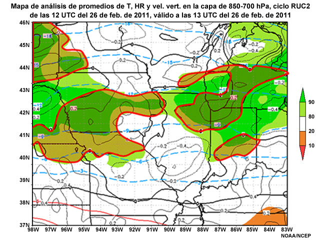 Ciclo de ejecución del modelo RUC2 de las 12 UTC del 26 de febrero de 2011 que muestra los valores medios de temperatura, humedad relativa y velocidad vertical negativa pronosticados para la capa de 850 a 700 ; válido a las 13 UTC del 26 de febrero de 2011, anotado para un ejercicio.