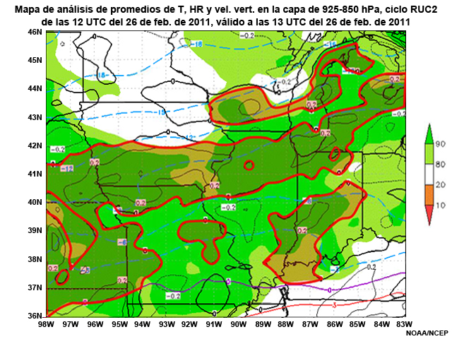 Ciclo de ejecución del modelo RUC2 de las 12 UTC del 26 de febrero de 2011 que muestra los valores medios de temperatura, humedad relativa y velocidad vertical negativa pronosticados para la capa de 925 a 850; válido a las 13 UTC del 26 de febrero de 2011 con áreas anotadas para la explicación del ejercicio.