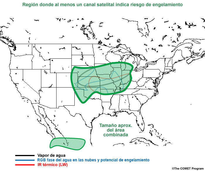 Mapa del territorio CONUS que muestra toda el área a riesgo de engelamiento y el riesgo de engelamiento individual según los productos satelitales utilizados en el caso de estudio.