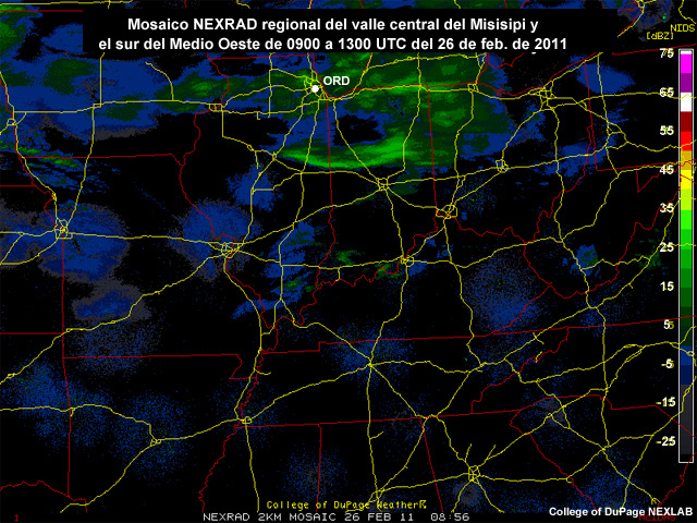 Animacin del radar regional NEXRAD para el valle central del Misisipi y el sur del Medio Oeste de 0900 a 1300 UTC del 26 de febrero de 2011.