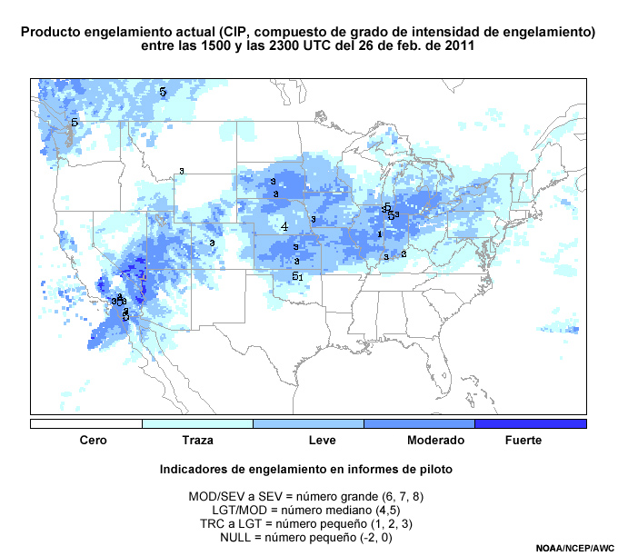 Animacin del producto engelamiento actual (Current Icing Product, CIP) a las 15 UTC del 26 de febrero de 2011, mosaico de categoras de severidad de engelamiento.