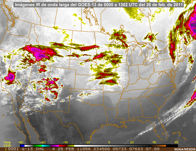 Secuencia de imgenes en el IR trmico (de onda larga) del GOES-13 de 00 a 1302 UTC del 26 de febrero de 2011.