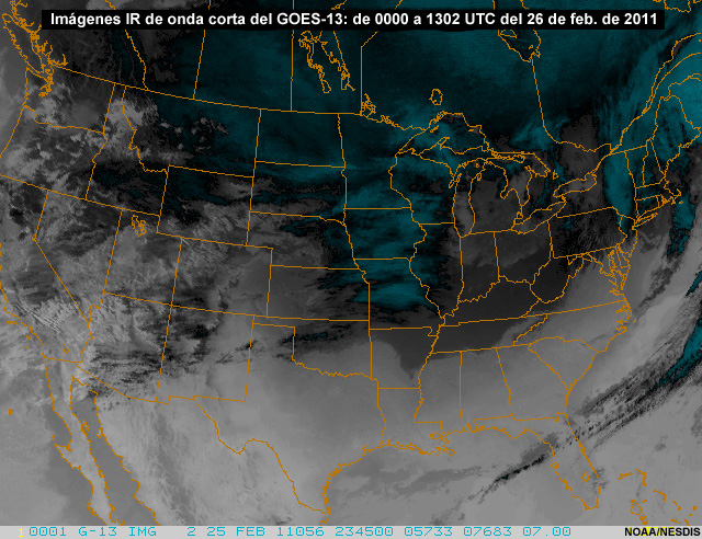 Secuencia de imgenes en el IR cercano (de onda corta) del GOES-13 de 00 a 1302 UTC del 26 de febrero de 2011.