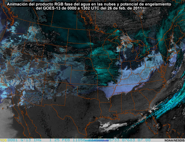 GOES-13 Cloud Phase and Icing Potential RGB: 00 to 1302 UTC 26 Feb 2011