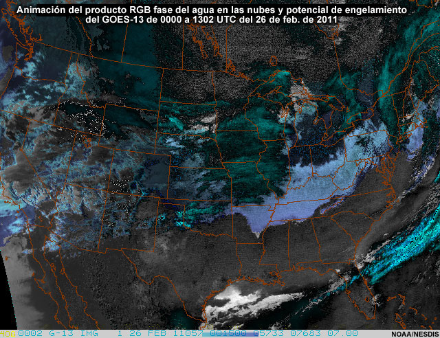 Secuencia de imgenes del producto RGB fases del agua en las nubes y potencial de engelamiento del GOES-13: 00 a 1302 UTC del 26 de febrero de 2011.