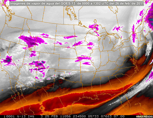 Secuencia de imgenes de vapor de agua del GOES-13: 00 a 1302 UTC del 26 de febrero de 2011.