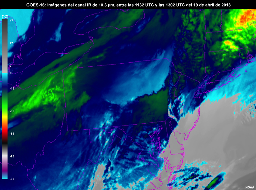 Imgenes en el IR (10,3&nbsp;m) del GOES-16 (5 min), entre las 1132 y las 1302&nbsp;UTC del 19 de abril de 2018