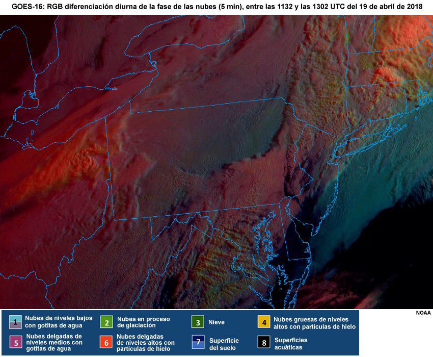 Imgenes RGB DCP (5 min) del GOES-16, de 1132&nbsp;UTC a 1302&nbsp;UTC del 19 de abril de 2018