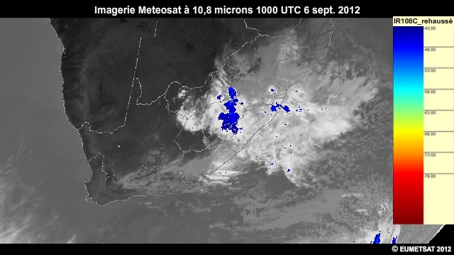Imagerie infrarouge pour l'Afrique australe, 6 sept. 2012, 0930  1145 UTC