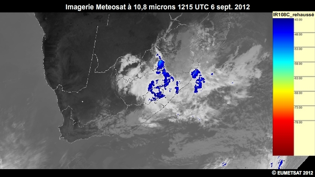 Imagerie infrarouge pour l'Afrique australe, 6 sept. 2012, 1145  1300 UTC