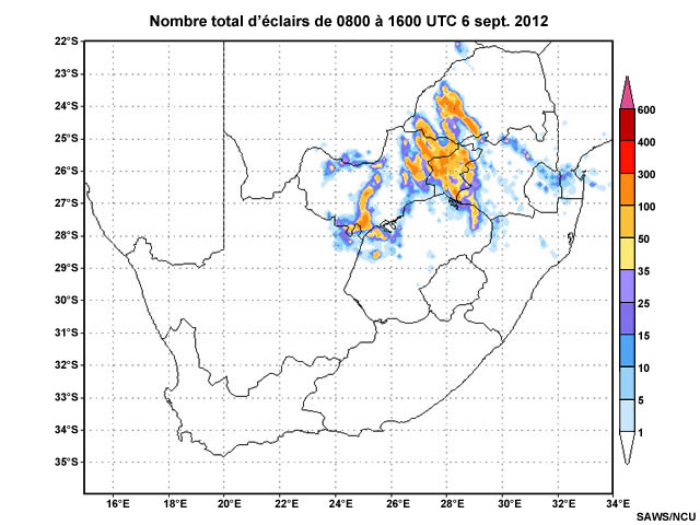 Image composite montrant le nombre d'éclairs entre 0800 et 1600 UTC, le 6 septembre 2012