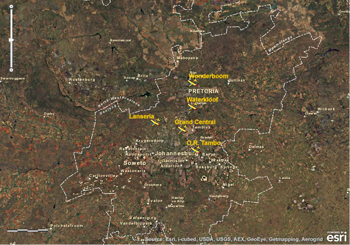 Carte montrant l'emplacement des aéroports majeurs de la province du Gauteng (Afrique du Sud).
