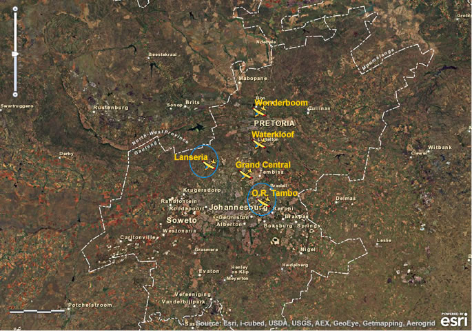 Carte montrant l'emplacement des aéroports majeurs de la province du Gauteng (Afrique du Sud). Des cercles bleus marquent celui de Lanseria et celui de l'aéroport international O. R. Tambo de Johannesburg.
