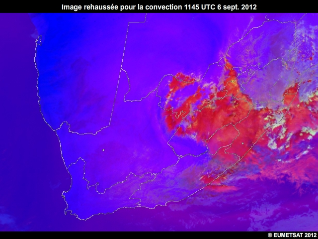 Animation d'images EUMETSAT rehausses pour la convection, 6 sept. 2012, 1145  1300 UTC