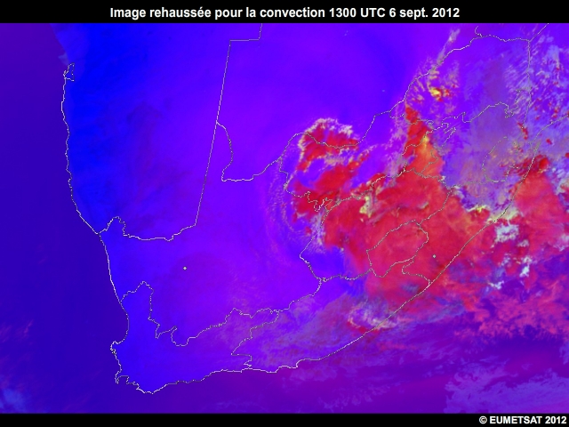 Animation d'images EUMETSAT rehausses pour la convection, 6 sept. 2012, 1300  1500 UTC