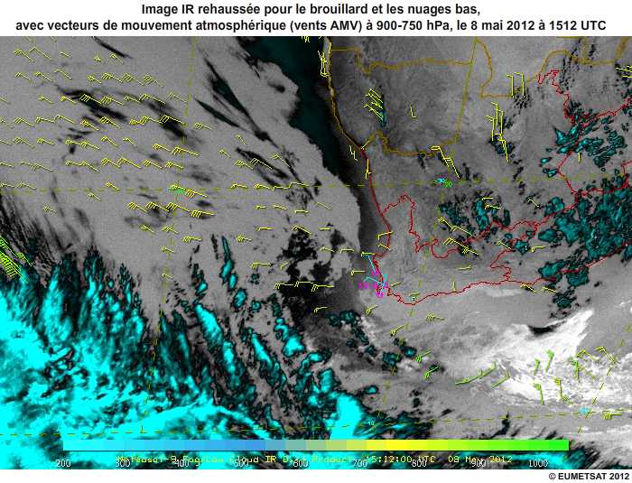Animation de donnes Meteosat rehausses pour le brouillard avec vecteurs de mouvement atmosphrique (vents AMV)  900-750 hPa et observations en surface, de 1512 UTC  1757 UTC, le 8 mai 2012