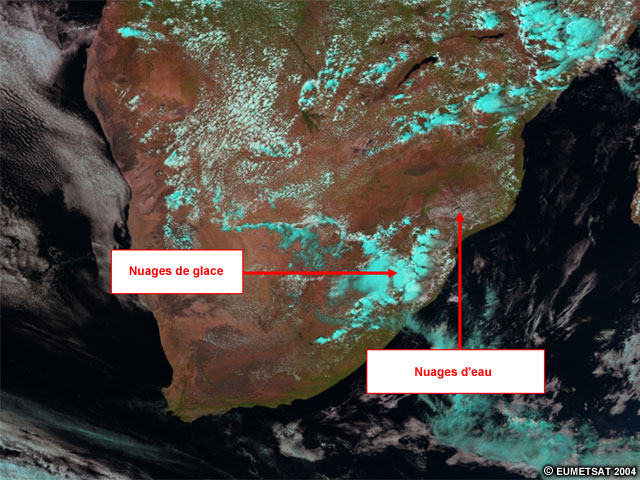 Image Meteosat montrant la signature de nuages de glace et de nuages d'eau