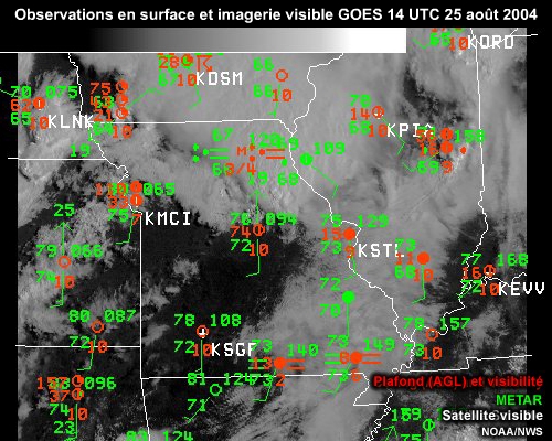 Animation d'images satellites visibles augmentes des observations en surface du 25 aot 2004