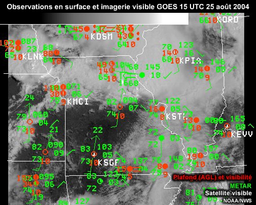 Animation d'images satellites visibles augmentes des observations en surface du 25 aot 2004