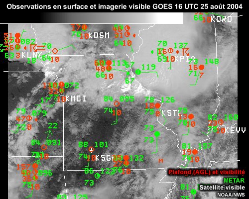 Animation d'images satellites visibles augmentes des observations en surface du 25 aot 2004