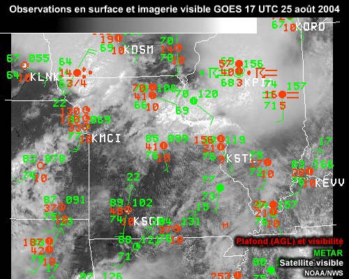 Animation d'images satellites visibles augmentes des observations en surface du 25 aot 2004