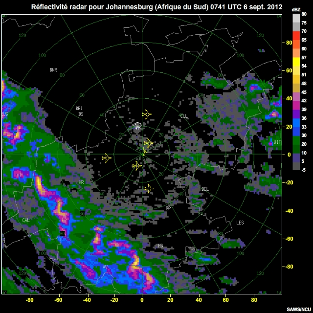 Rflectivits radar pour Johannesburg (Afrique du Sud), 6 sept. 2012, 0741  0900 UTC
