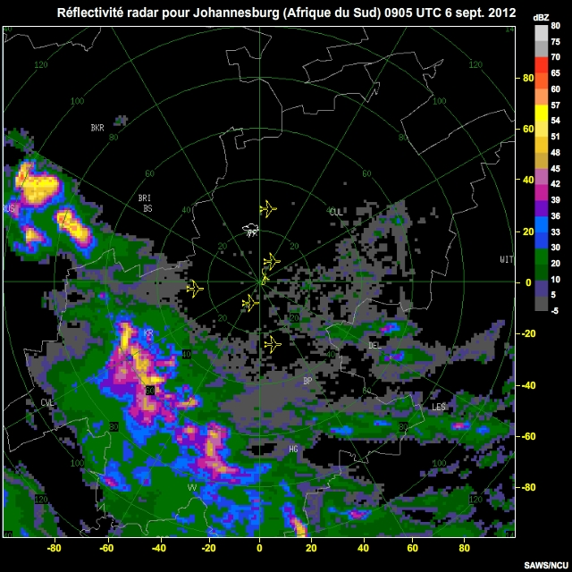 Rflectivits radar pour Johannesburg (Afrique du Sud), 6 sept. 2012, 0905  0935 UTC