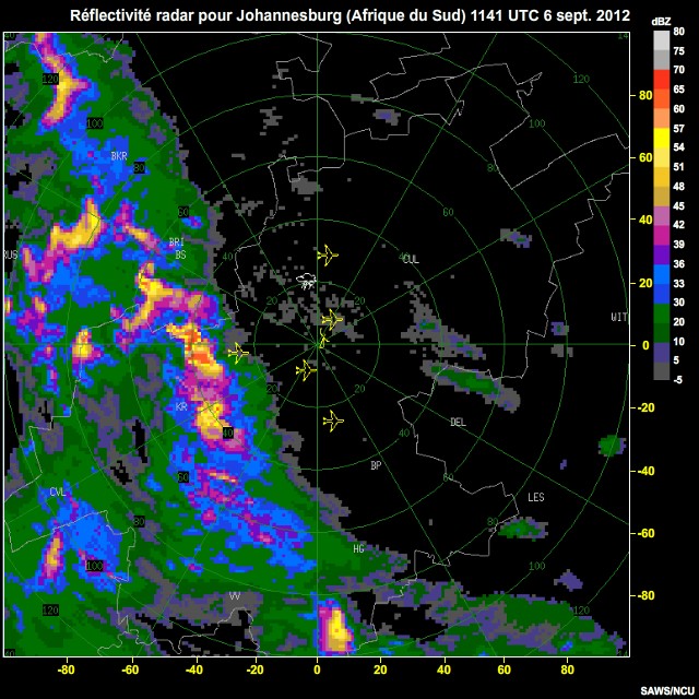 Rflectivits radar pour Johannesburg (Afrique du Sud), 6 sept. 2012, 1141  1300 UTC