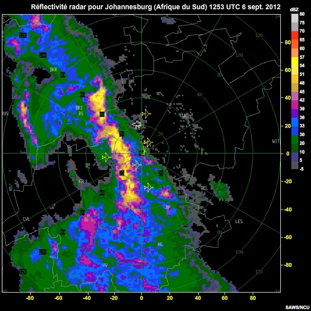 Rflectivits radar pour Johannesburg (Afrique du Sud), 6 sept. 2012, 1300  1500 UTC