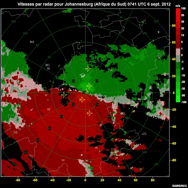 Vitesses par radar pour Johannesburg (Afrique du Sud), 6 sept. 2012, 0741  0905 UTC