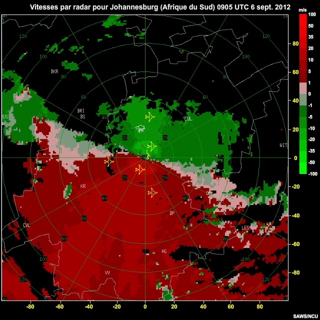 Vitesses par radar pour Johannesburg (Afrique du Sud), 6 sept. 2012, 0905  0935 UTC