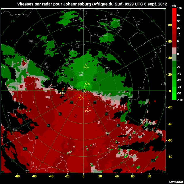 Vitesses par radar pour Johannesburg (Afrique du Sud), 6 sept. 2012, 0930  1145 UTC