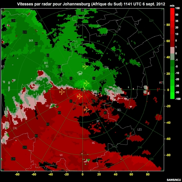 Vitesses par radar pour Johannesburg (Afrique du Sud), 6 sept. 2012, 1141  1300 UTC