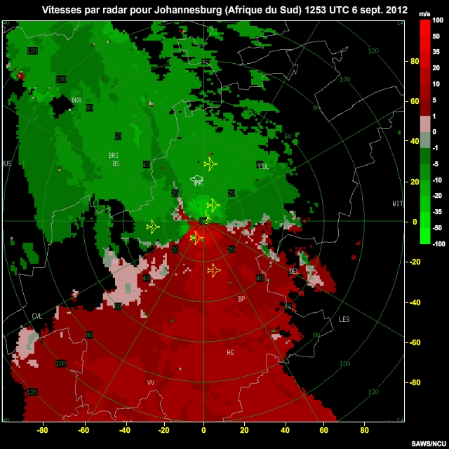 Vitesses par radar pour Johannesburg (Afrique du Sud), 6 sept. 2012, 1300  1500 UTC