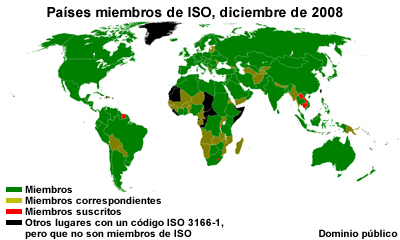 Mapa con leyenda que describe todos los países miembros de la ISO.