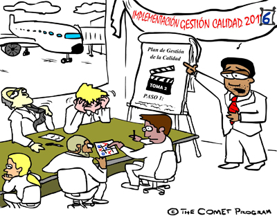 Ilustración del director de calidad que, agobiado, intenta despertar el interés de un grupo de empleados en la posibilidad de resuscitar el esfuerzo de implementación del sistema de gestión de la calidad que fracasó hace varios años.