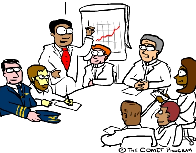 Ilustración de una reunión de revisión de la calidad con los gerentes, el director general y otras partes interesadas.