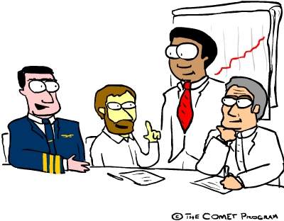 Ilustración de una reunión de revisión de la calidad; los gerentes, y el director general y escuchan a las partes interesadas externas.