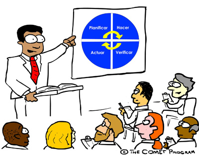 Ilustración del director de calidad durante una presentación al personal.