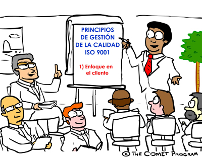 Ilustración del director de calidad que instruye a todo el personal, incluido el director general y los gerentes.
