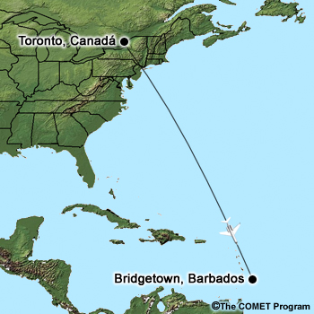 Mapa de ruta del vuelo de Toronto, Canadá, a Bridgetown, Barbados.