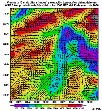 Vientos en 10 m (nudos) y elevación del terreno en el modelo (m). WRF 5 km, pronóstico de 9 h válido a las 1500 UTC del 13 de enero de 2006.