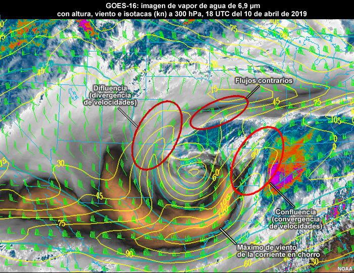 GOES-16: imagen de vapor de agua de 6,2 µm con altura, viento e isotacas (kn) a 300 hP a las 00 UTC del 4 de enero de 2019