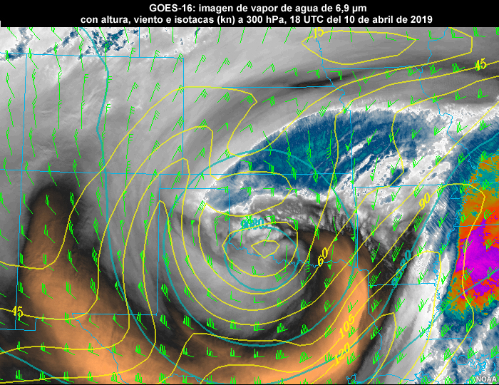 GOES-16: imagen de vapor de agua de 6,2 µm con altura, viento e isotacas (kn) a 300 hP a las 00 UTC del 4 de enero de 2019