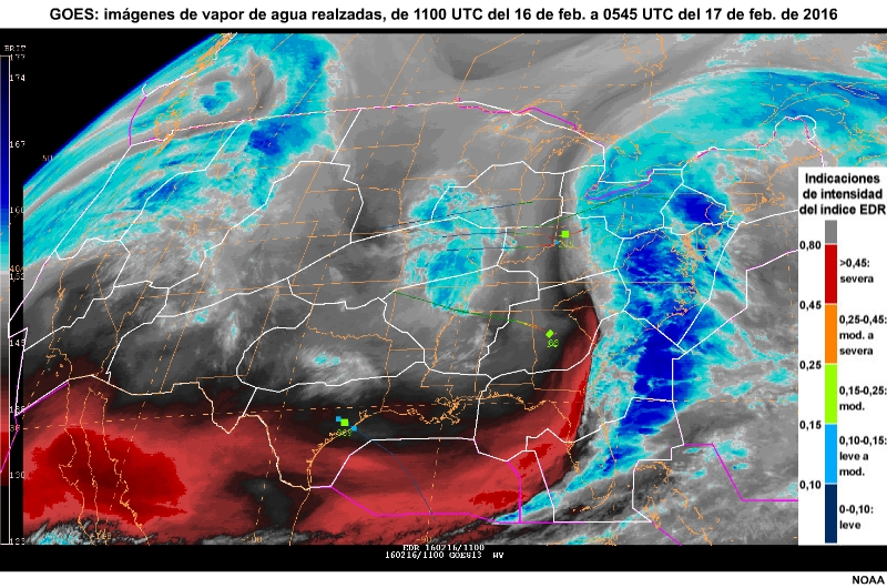 GOES: animación de imágenes de vapor de agua realzadas entre las 0545 UTC del 16 de febrero y las 0545 UTC del 17 de febrero.