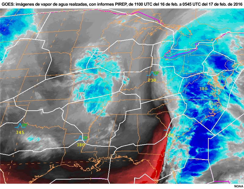 GOES: imagen de vapor de agua realzada con informes PIREP superpuestos entre las 1100 UTC del 16 de febrero y las 0545 UTC del 17 de febrero
