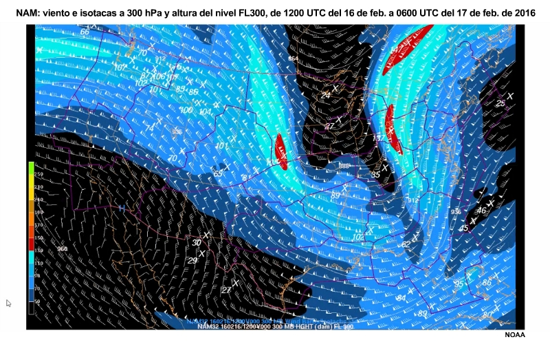 NAM: animación de viento, isotacas y altura en el nivel de vuelo FL300 entre las 1200 UTC del 16 de febrero y las 0600 UTC del 17 de febrero.