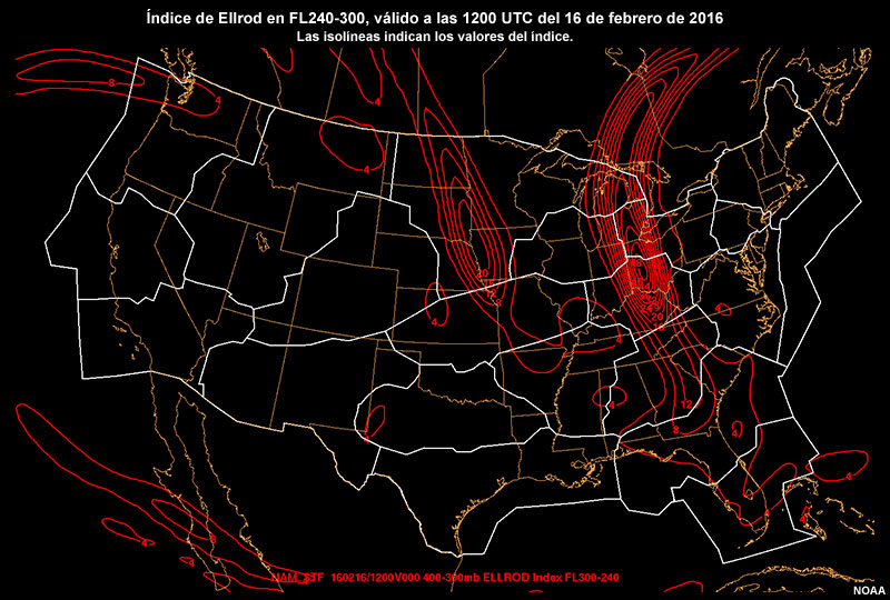 Animación del índice de Ellrod sobre los Estados Unidos en el nivel de vuelo FL240-300, válido entre las 1200 UTC del 16 de febrero de 2016 y las 0600 UTC del 17 de febrero de 2016.